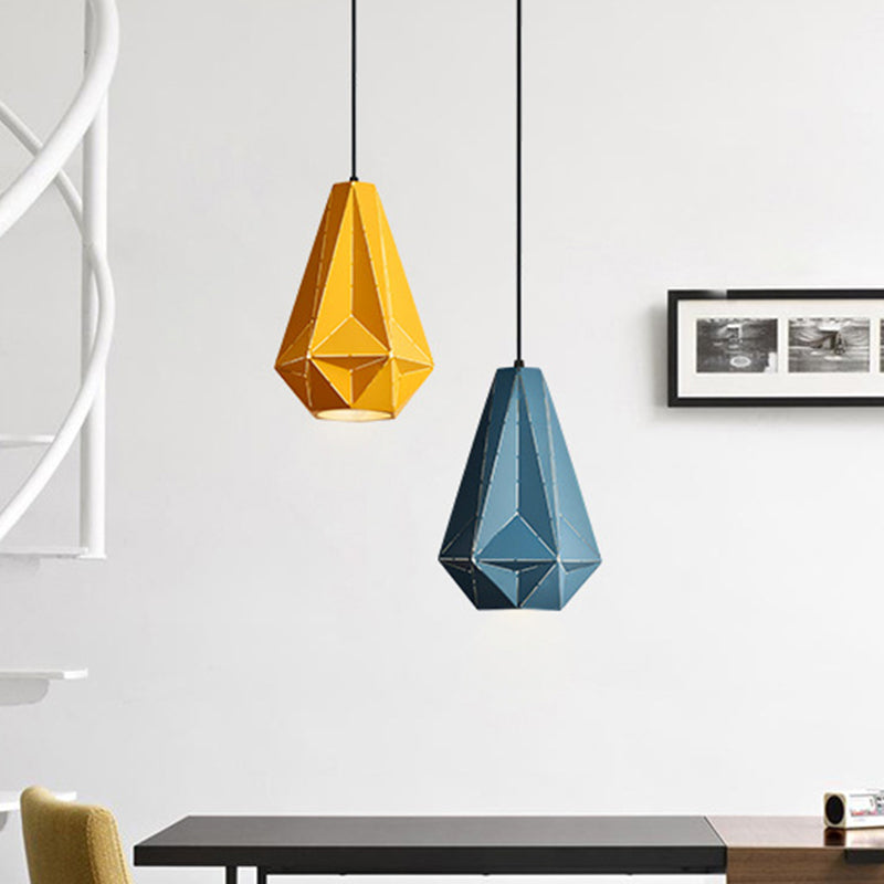 Iron Origami Diamond Pendulum Light Macaron Single-Bulb Suspension Pendant Light in Yellow/Dark Blue/Pink Clearhalo 'Ceiling Lights' 'Pendant Lights' 'Pendants' Lighting' 1911523