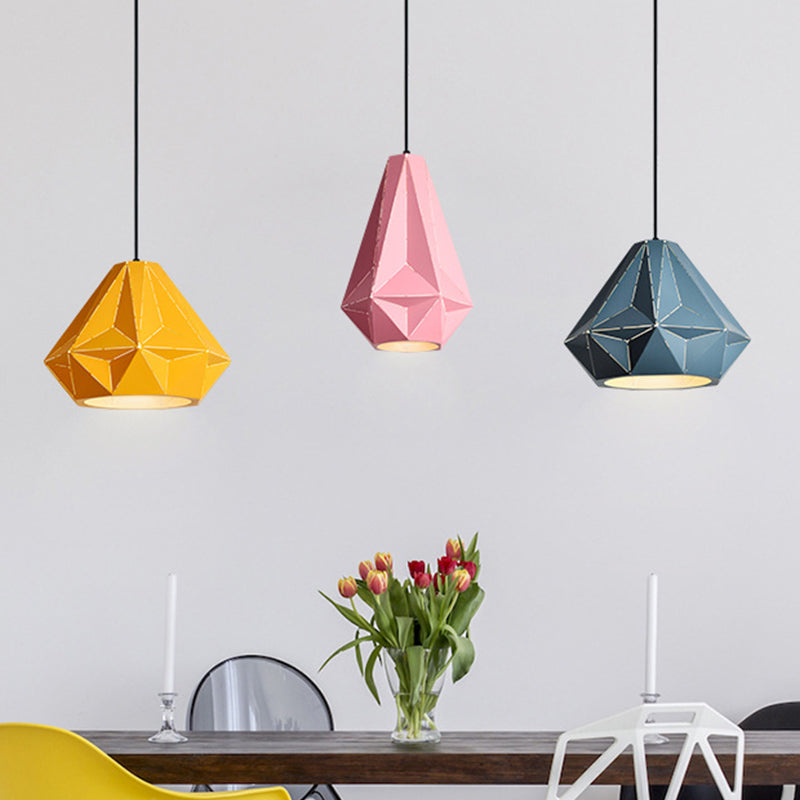 Iron Origami Diamond Pendulum Light Macaron Single-Bulb Suspension Pendant Light in Yellow/Dark Blue/Pink Pink A Clearhalo 'Ceiling Lights' 'Pendant Lights' 'Pendants' Lighting' 1911526_0b2cd0d5-5940-483a-9442-a4dde86e301e