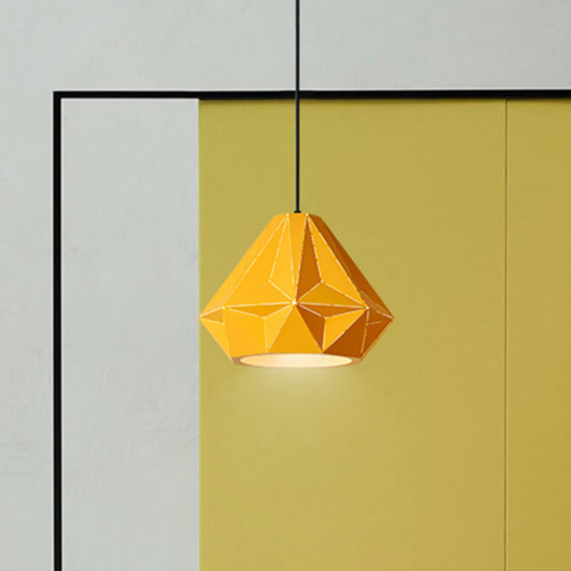 Iron Origami Diamond Pendulum Light Macaron Single-Bulb Suspension Pendant Light in Yellow/Dark Blue/Pink Yellow B Clearhalo 'Ceiling Lights' 'Pendant Lights' 'Pendants' Lighting' 1911530_bf59814e-52b9-43a7-9b2d-4e7cd3683770