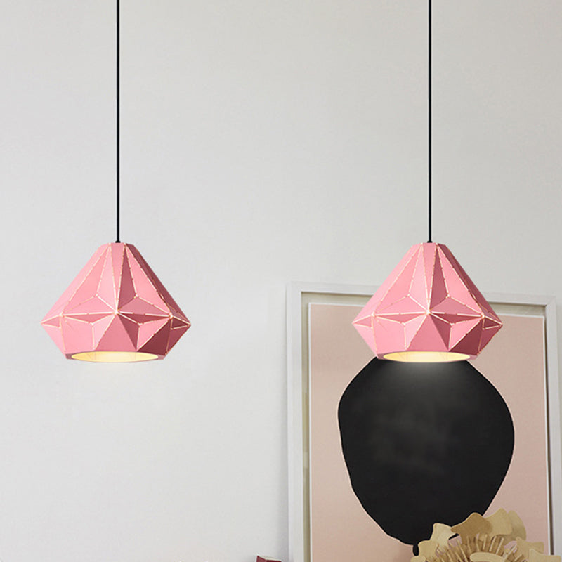 Iron Origami Diamond Pendulum Light Macaron Single-Bulb Suspension Pendant Light in Yellow/Dark Blue/Pink Pink B Clearhalo 'Ceiling Lights' 'Pendant Lights' 'Pendants' Lighting' 1911533_0dc38ffc-24de-4808-a8e6-83953f721915