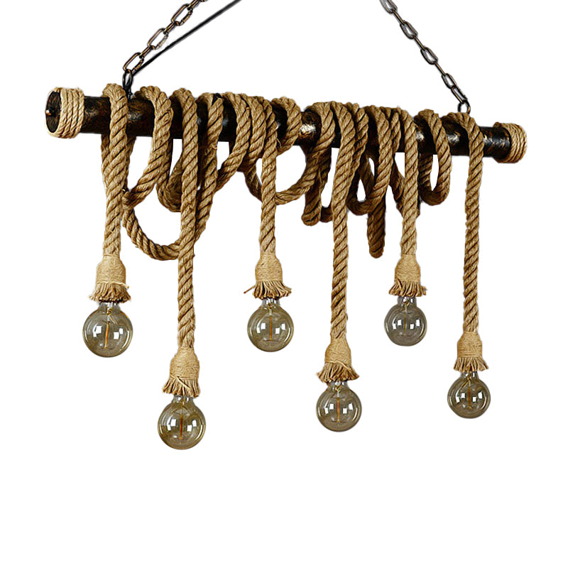 4/6 Lights Jute Rope Island Pendant Farmhouse Brown Linear Wine Bar Hanging Ceiling Light Clearhalo 'Ceiling Lights' 'Island Lights' Lighting' 1911590