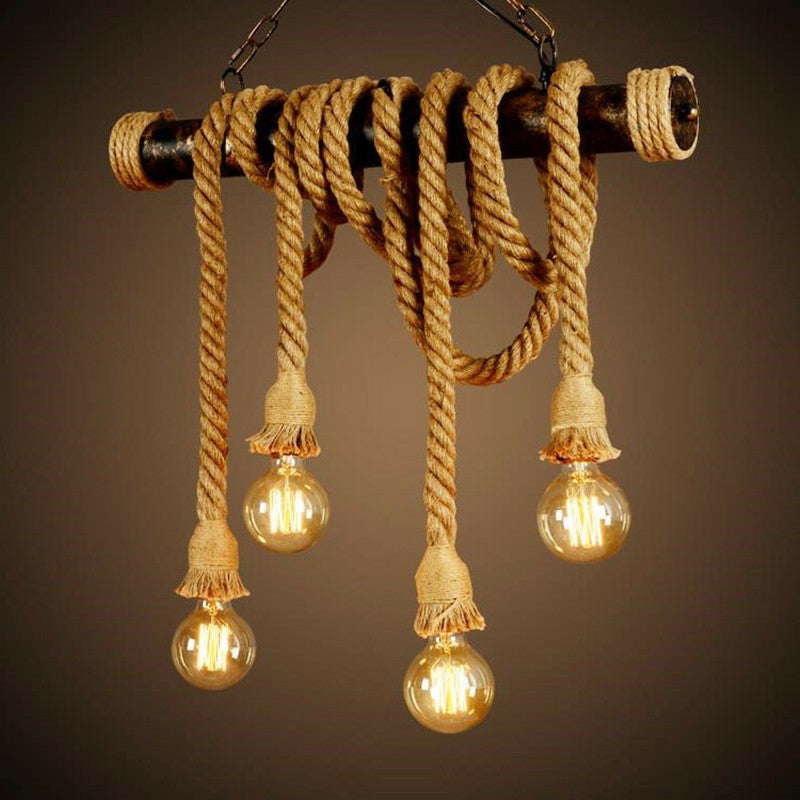 4/6 Lights Jute Rope Island Pendant Farmhouse Brown Linear Wine Bar Hanging Ceiling Light Clearhalo 'Ceiling Lights' 'Island Lights' Lighting' 1911593