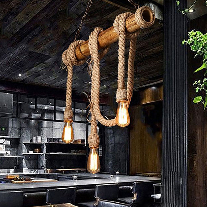 Bare Bulb Design Bamboo Hanging Lamp Rustic 3/6-Head Dining Room Island Light with Rope Cord in Brown Clearhalo 'Ceiling Lights' 'Island Lights' Lighting' 1911599