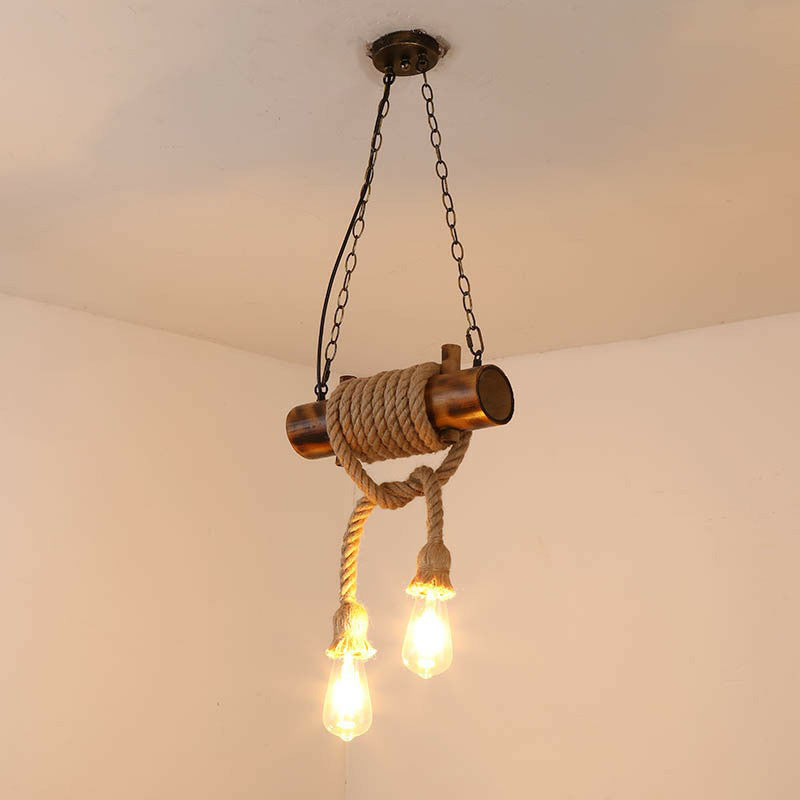 2-Head Exposed Bulb Design Drop Lamp Lodge Brown Hand Made Hemp Rope Pendant Chandelier Brown Clearhalo 'Carpenter Chandeliers' 'Ceiling Lights' 'Chandeliers' 'Industrial Chandeliers' 'Industrial' 'Middle Century Chandeliers' 'Modern' 'Tiffany' Lighting' 1911603