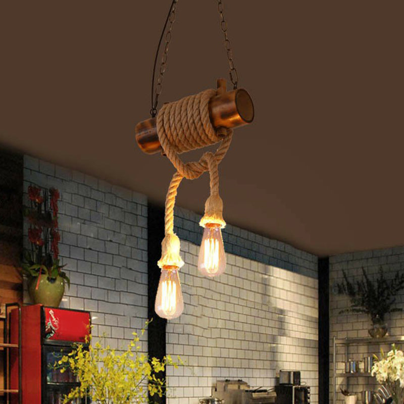 2-Head Exposed Bulb Design Drop Lamp Lodge Brown Hand Made Hemp Rope Pendant Chandelier Clearhalo 'Carpenter Chandeliers' 'Ceiling Lights' 'Chandeliers' 'Industrial Chandeliers' 'Industrial' 'Middle Century Chandeliers' 'Modern' 'Tiffany' Lighting' 1911604