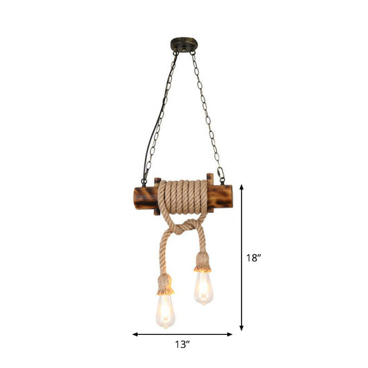 2-Head Exposed Bulb Design Drop Lamp Lodge Brown Hand Made Hemp Rope Pendant Chandelier Clearhalo 'Carpenter Chandeliers' 'Ceiling Lights' 'Chandeliers' 'Industrial Chandeliers' 'Industrial' 'Middle Century Chandeliers' 'Modern' 'Tiffany' Lighting' 1911607