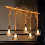 Linear Restaurant Hanging Island Light Cottage Wood 3/5-Light Brown Roped Pendant Lamp with Cage Clearhalo 'Ceiling Lights' 'Island Lights' Lighting' 1911610