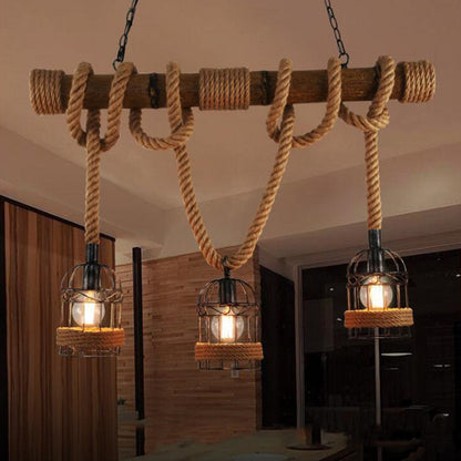 3 Bulbs Bird Cage Island Lighting Farmhouse Brown Iron Hanging Pendant with Rope and Wood Pole Brown Clearhalo 'Ceiling Lights' 'Island Lights' Lighting' 1911618
