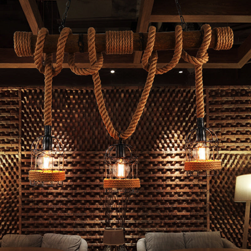 3 Bulbs Bird Cage Island Lighting Farmhouse Brown Iron Hanging Pendant with Rope and Wood Pole Clearhalo 'Ceiling Lights' 'Island Lights' Lighting' 1911620