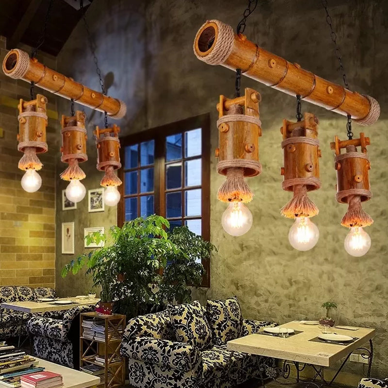 Countryside Chinese Bucket Pendant Lamp 3-Bulb Bamboo Island Light Fixture with Rope Accent in Brown Clearhalo 'Ceiling Lights' 'Island Lights' Lighting' 1911624