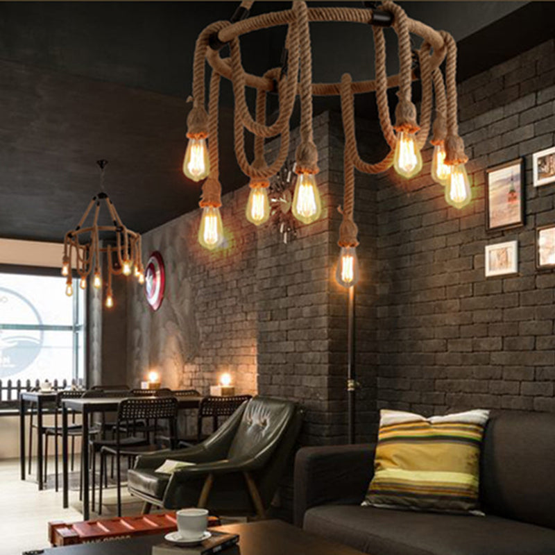 Brown Circle Ceiling Suspension Lamp Lodge Roped 6/8 Lights Restaurant Chandelier with Naked Bulb Design Clearhalo 'Ceiling Lights' 'Chandeliers' 'Industrial Chandeliers' 'Industrial' 'Middle Century Chandeliers' 'Tiffany' Lighting' 1911629