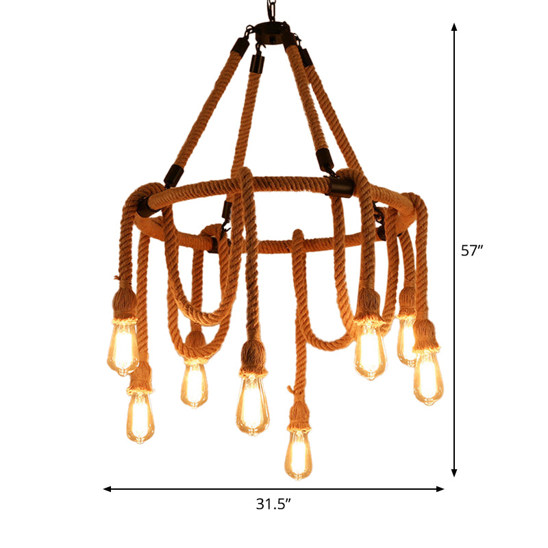 Brown Circle Ceiling Suspension Lamp Lodge Roped 6/8 Lights Restaurant Chandelier with Naked Bulb Design Clearhalo 'Ceiling Lights' 'Chandeliers' 'Industrial Chandeliers' 'Industrial' 'Middle Century Chandeliers' 'Tiffany' Lighting' 1911631