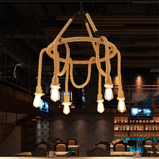 Brown Circle Ceiling Suspension Lamp Lodge Roped 6/8 Lights Restaurant Chandelier with Naked Bulb Design 6 Brown Clearhalo 'Ceiling Lights' 'Chandeliers' 'Industrial Chandeliers' 'Industrial' 'Middle Century Chandeliers' 'Tiffany' Lighting' 1911632