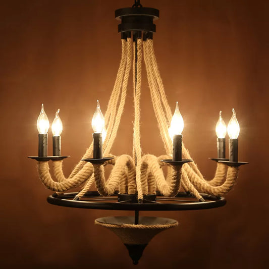 8-Light Candelabra Chandelier Cottage Brown Jute Rope Wrapped Hanging Light Fixture Clearhalo 'Ceiling Lights' 'Chandeliers' 'Industrial Chandeliers' 'Industrial' 'Middle Century Chandeliers' 'Tiffany' Lighting' 1911637