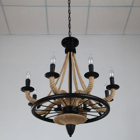 8-Light Candelabra Chandelier Cottage Brown Jute Rope Wrapped Hanging Light Fixture Clearhalo 'Ceiling Lights' 'Chandeliers' 'Industrial Chandeliers' 'Industrial' 'Middle Century Chandeliers' 'Tiffany' Lighting' 1911638