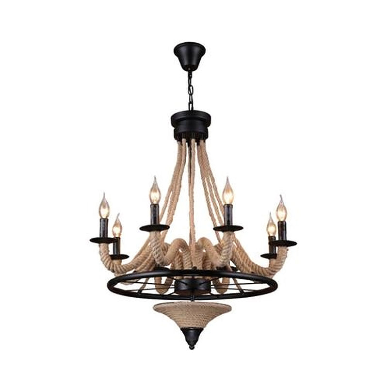 8-Light Candelabra Chandelier Cottage Brown Jute Rope Wrapped Hanging Light Fixture Clearhalo 'Ceiling Lights' 'Chandeliers' 'Industrial Chandeliers' 'Industrial' 'Middle Century Chandeliers' 'Tiffany' Lighting' 1911639