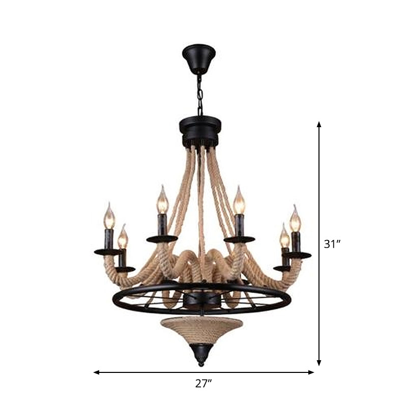 8-Light Candelabra Chandelier Cottage Brown Jute Rope Wrapped Hanging Light Fixture Clearhalo 'Ceiling Lights' 'Chandeliers' 'Industrial Chandeliers' 'Industrial' 'Middle Century Chandeliers' 'Tiffany' Lighting' 1911640