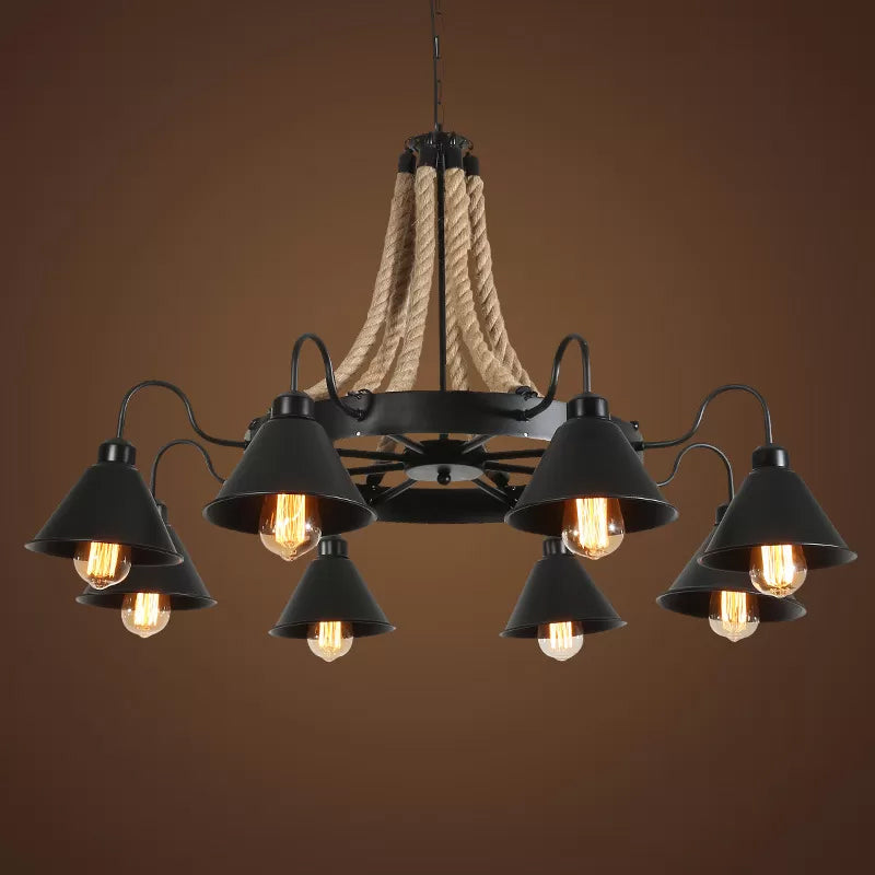 Wheel Restaurant Chandelier Lighting Loft Style Rope 6/8 Heads Brown Pendant Light with Cone Metal Shade 8 Brown Clearhalo 'Ceiling Lights' 'Chandeliers' 'Industrial Chandeliers' 'Industrial' 'Middle Century Chandeliers' 'Tiffany' Lighting' 1911641