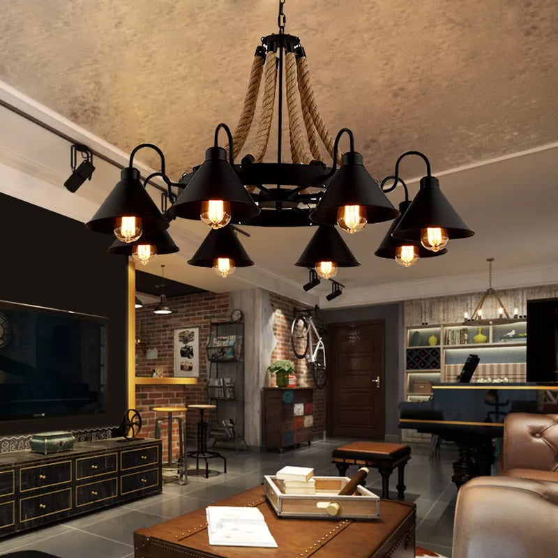 Wheel Restaurant Chandelier Lighting Loft Style Rope 6/8 Heads Brown Pendant Light with Cone Metal Shade Clearhalo 'Ceiling Lights' 'Chandeliers' 'Industrial Chandeliers' 'Industrial' 'Middle Century Chandeliers' 'Tiffany' Lighting' 1911642