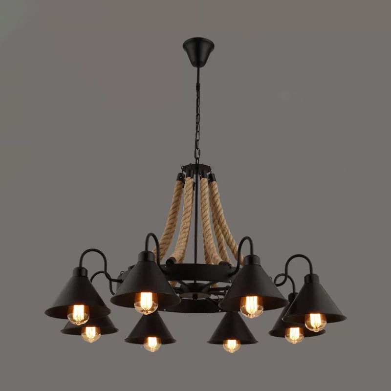 Wheel Restaurant Chandelier Lighting Loft Style Rope 6/8 Heads Brown Pendant Light with Cone Metal Shade Clearhalo 'Ceiling Lights' 'Chandeliers' 'Industrial Chandeliers' 'Industrial' 'Middle Century Chandeliers' 'Tiffany' Lighting' 1911643