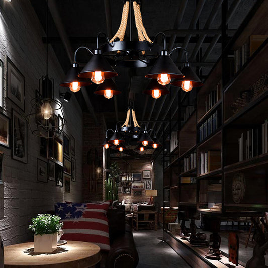 Wheel Restaurant Chandelier Lighting Loft Style Rope 6/8 Heads Brown Pendant Light with Cone Metal Shade 6 Brown Clearhalo 'Ceiling Lights' 'Chandeliers' 'Industrial Chandeliers' 'Industrial' 'Middle Century Chandeliers' 'Tiffany' Lighting' 1911646