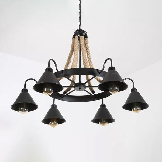 Wheel Restaurant Chandelier Lighting Loft Style Rope 6/8 Heads Brown Pendant Light with Cone Metal Shade Clearhalo 'Ceiling Lights' 'Chandeliers' 'Industrial Chandeliers' 'Industrial' 'Middle Century Chandeliers' 'Tiffany' Lighting' 1911648