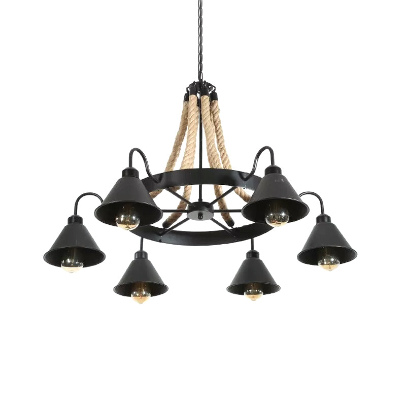 Wheel Restaurant Chandelier Lighting Loft Style Rope 6/8 Heads Brown Pendant Light with Cone Metal Shade Clearhalo 'Ceiling Lights' 'Chandeliers' 'Industrial Chandeliers' 'Industrial' 'Middle Century Chandeliers' 'Tiffany' Lighting' 1911649