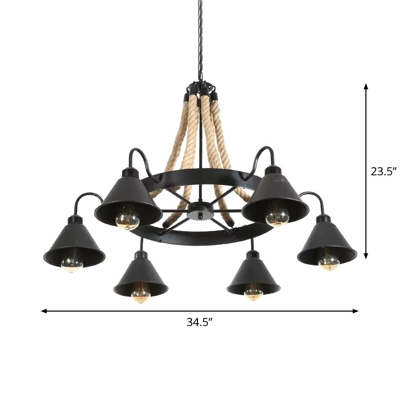 Wheel Restaurant Chandelier Lighting Loft Style Rope 6/8 Heads Brown Pendant Light with Cone Metal Shade Clearhalo 'Ceiling Lights' 'Chandeliers' 'Industrial Chandeliers' 'Industrial' 'Middle Century Chandeliers' 'Tiffany' Lighting' 1911650