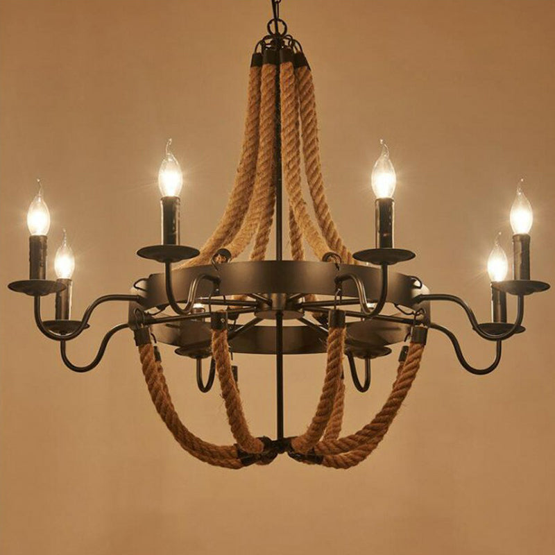 Rope Basket Chandelier Light Fixture Farmhouse 6/8 Bulbs Living Room Ceiling Pendant in Brown 8 Brown Clearhalo 'Cast Iron' 'Ceiling Lights' 'Chandeliers' 'Industrial Chandeliers' 'Industrial' 'Metal' 'Middle Century Chandeliers' 'Rustic Chandeliers' 'Tiffany' Lighting' 1911651