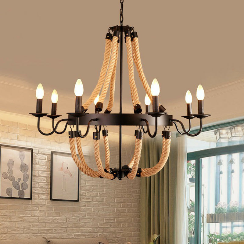 Rope Basket Chandelier Light Fixture Farmhouse 6/8 Bulbs Living Room Ceiling Pendant in Brown Clearhalo 'Cast Iron' 'Ceiling Lights' 'Chandeliers' 'Industrial Chandeliers' 'Industrial' 'Metal' 'Middle Century Chandeliers' 'Rustic Chandeliers' 'Tiffany' Lighting' 1911652