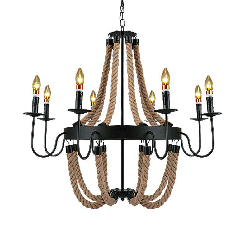 Rope Basket Chandelier Light Fixture Farmhouse 6/8 Bulbs Living Room Ceiling Pendant in Brown Clearhalo 'Cast Iron' 'Ceiling Lights' 'Chandeliers' 'Industrial Chandeliers' 'Industrial' 'Metal' 'Middle Century Chandeliers' 'Rustic Chandeliers' 'Tiffany' Lighting' 1911653