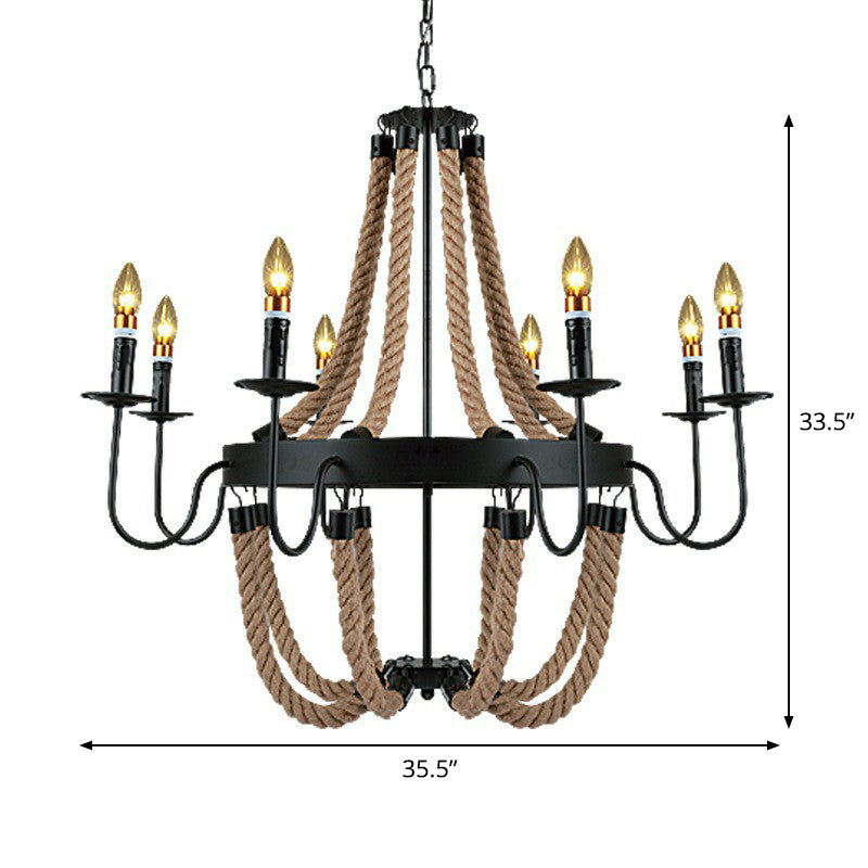 Rope Basket Chandelier Light Fixture Farmhouse 6/8 Bulbs Living Room Ceiling Pendant in Brown Clearhalo 'Cast Iron' 'Ceiling Lights' 'Chandeliers' 'Industrial Chandeliers' 'Industrial' 'Metal' 'Middle Century Chandeliers' 'Rustic Chandeliers' 'Tiffany' Lighting' 1911654