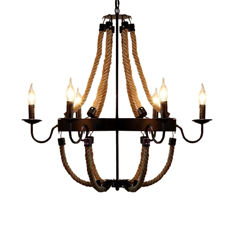 Rope Basket Chandelier Light Fixture Farmhouse 6/8 Bulbs Living Room Ceiling Pendant in Brown Clearhalo 'Cast Iron' 'Ceiling Lights' 'Chandeliers' 'Industrial Chandeliers' 'Industrial' 'Metal' 'Middle Century Chandeliers' 'Rustic Chandeliers' 'Tiffany' Lighting' 1911656