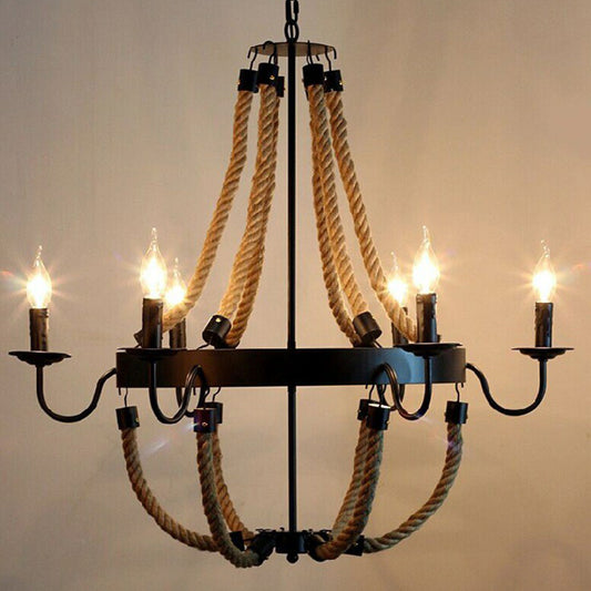 Rope Basket Chandelier Light Fixture Farmhouse 6/8 Bulbs Living Room Ceiling Pendant in Brown Clearhalo 'Cast Iron' 'Ceiling Lights' 'Chandeliers' 'Industrial Chandeliers' 'Industrial' 'Metal' 'Middle Century Chandeliers' 'Rustic Chandeliers' 'Tiffany' Lighting' 1911657