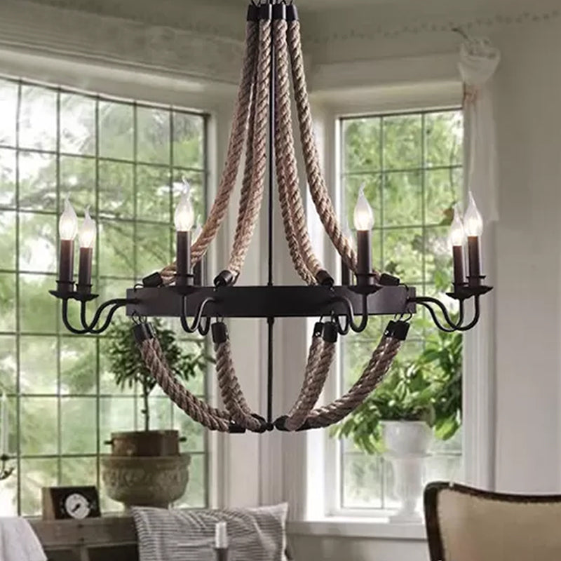 Brown 6/8 Bulbs Hanging Chandelier Countryside Hemp Rope Basket Pendant Lighting with Candle Design 8 Brown Clearhalo 'Ceiling Lights' 'Chandeliers' 'Industrial Chandeliers' 'Industrial' 'Middle Century Chandeliers' 'Tiffany' Lighting' 1911659