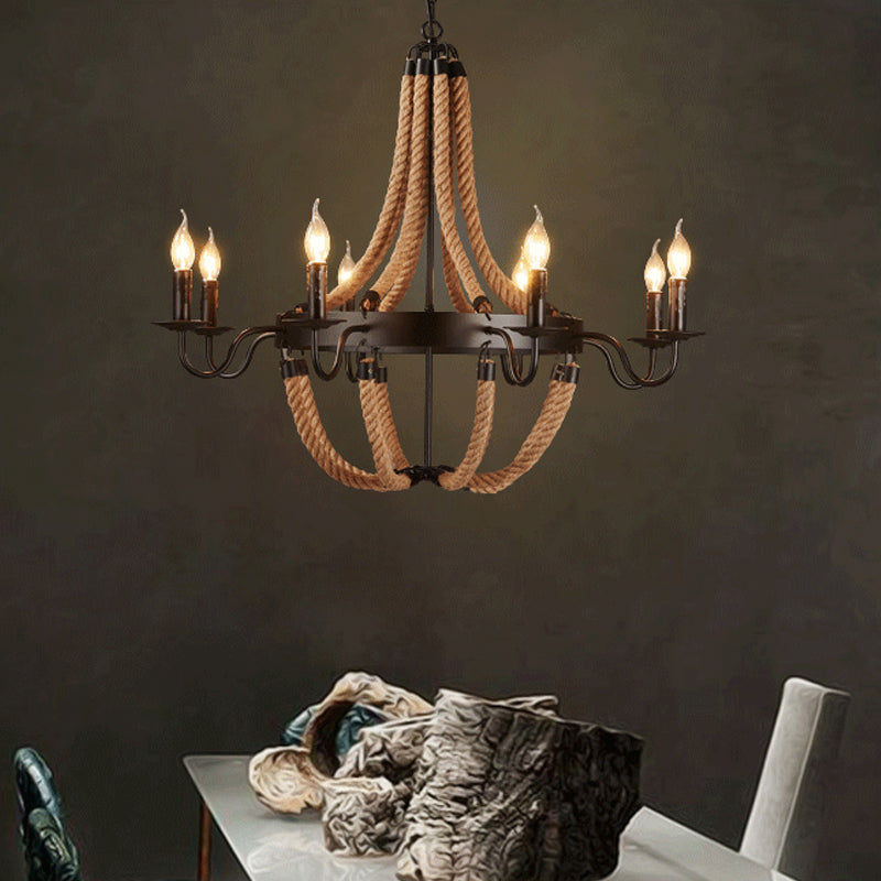 Brown 6/8 Bulbs Hanging Chandelier Countryside Hemp Rope Basket Pendant Lighting with Candle Design Clearhalo 'Ceiling Lights' 'Chandeliers' 'Industrial Chandeliers' 'Industrial' 'Middle Century Chandeliers' 'Tiffany' Lighting' 1911660