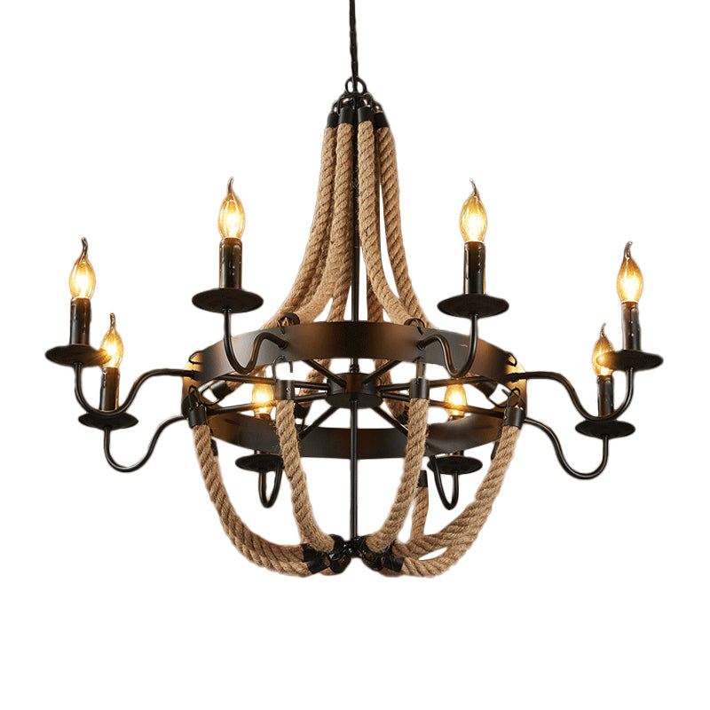 Brown 6/8 Bulbs Hanging Chandelier Countryside Hemp Rope Basket Pendant Lighting with Candle Design Clearhalo 'Ceiling Lights' 'Chandeliers' 'Industrial Chandeliers' 'Industrial' 'Middle Century Chandeliers' 'Tiffany' Lighting' 1911661