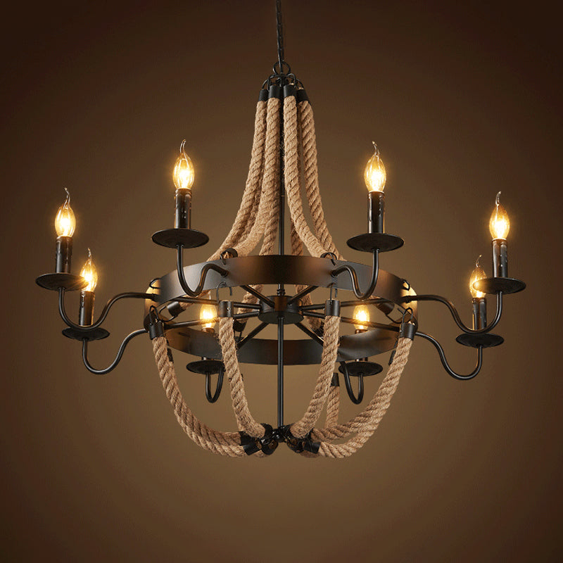 Brown 6/8 Bulbs Hanging Chandelier Countryside Hemp Rope Basket Pendant Lighting with Candle Design Clearhalo 'Ceiling Lights' 'Chandeliers' 'Industrial Chandeliers' 'Industrial' 'Middle Century Chandeliers' 'Tiffany' Lighting' 1911662