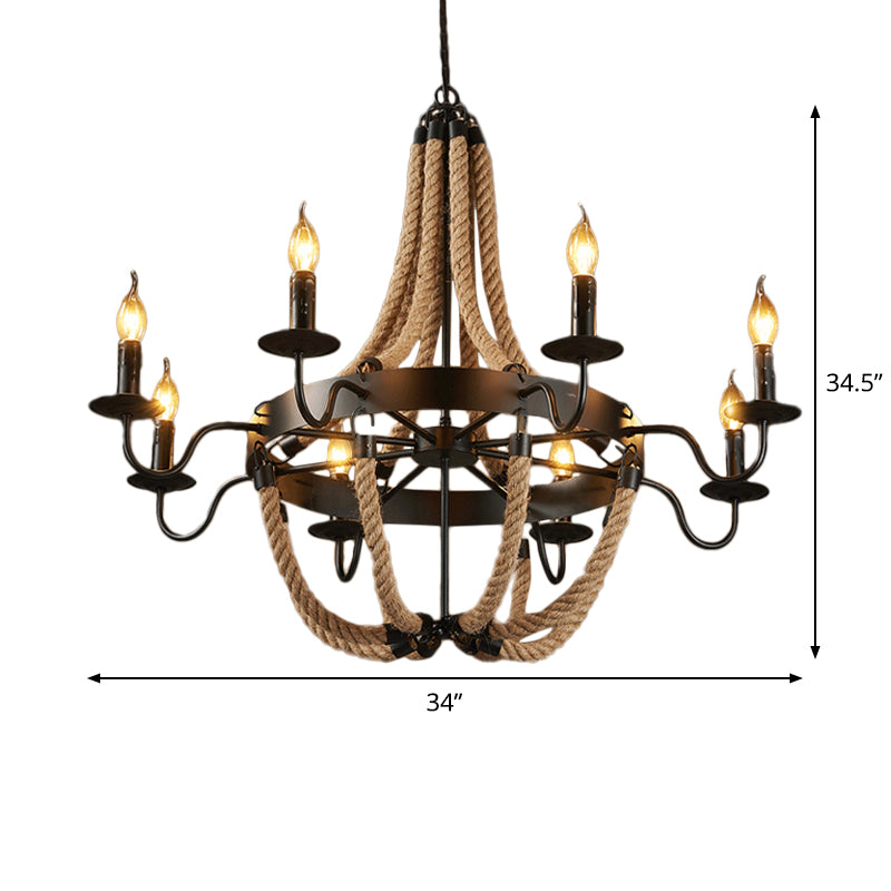 Brown 6/8 Bulbs Hanging Chandelier Countryside Hemp Rope Basket Pendant Lighting with Candle Design Clearhalo 'Ceiling Lights' 'Chandeliers' 'Industrial Chandeliers' 'Industrial' 'Middle Century Chandeliers' 'Tiffany' Lighting' 1911663