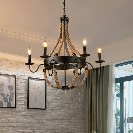 Brown 6/8 Bulbs Hanging Chandelier Countryside Hemp Rope Basket Pendant Lighting with Candle Design 6 Brown Clearhalo 'Ceiling Lights' 'Chandeliers' 'Industrial Chandeliers' 'Industrial' 'Middle Century Chandeliers' 'Tiffany' Lighting' 1911664