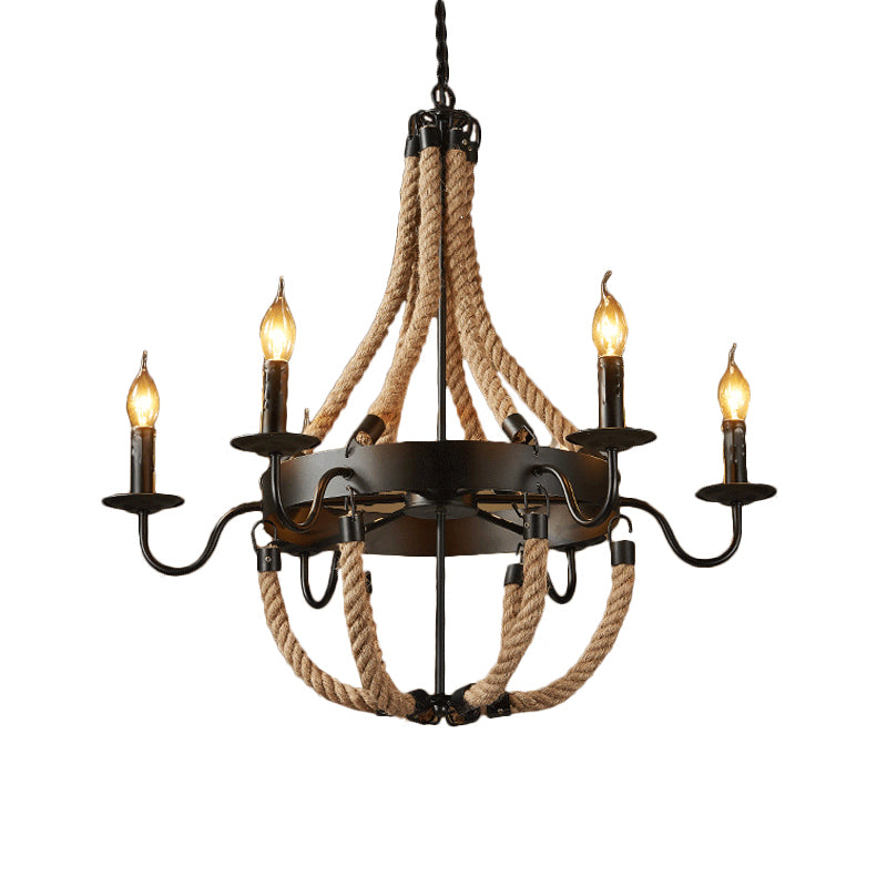 Brown 6/8 Bulbs Hanging Chandelier Countryside Hemp Rope Basket Pendant Lighting with Candle Design Clearhalo 'Ceiling Lights' 'Chandeliers' 'Industrial Chandeliers' 'Industrial' 'Middle Century Chandeliers' 'Tiffany' Lighting' 1911665