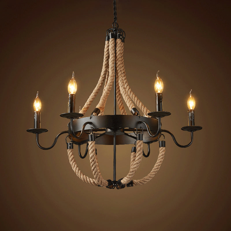 Brown 6/8 Bulbs Hanging Chandelier Countryside Hemp Rope Basket Pendant Lighting with Candle Design Clearhalo 'Ceiling Lights' 'Chandeliers' 'Industrial Chandeliers' 'Industrial' 'Middle Century Chandeliers' 'Tiffany' Lighting' 1911666