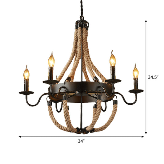 Brown 6/8 Bulbs Hanging Chandelier Countryside Hemp Rope Basket Pendant Lighting with Candle Design Clearhalo 'Ceiling Lights' 'Chandeliers' 'Industrial Chandeliers' 'Industrial' 'Middle Century Chandeliers' 'Tiffany' Lighting' 1911667