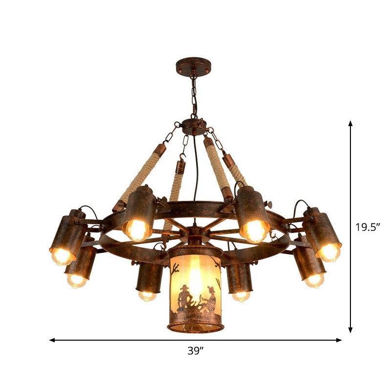 8 Lights Iron Adjustable Chandelier Pendant Industrial Black/Rust Wheel Restaurant Ceiling Spotlight with Rope Accent Clearhalo 'Cast Iron' 'Ceiling Lights' 'Chandeliers' 'Industrial Chandeliers' 'Industrial' 'Metal' 'Middle Century Chandeliers' 'Rustic Chandeliers' 'Tiffany' Lighting' 1911672