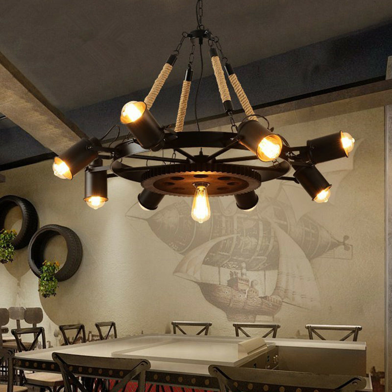 8 Lights Iron Adjustable Chandelier Pendant Industrial Black/Rust Wheel Restaurant Ceiling Spotlight with Rope Accent Clearhalo 'Cast Iron' 'Ceiling Lights' 'Chandeliers' 'Industrial Chandeliers' 'Industrial' 'Metal' 'Middle Century Chandeliers' 'Rustic Chandeliers' 'Tiffany' Lighting' 1911675