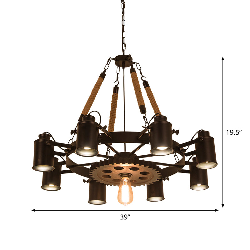 8 Lights Iron Adjustable Chandelier Pendant Industrial Black/Rust Wheel Restaurant Ceiling Spotlight with Rope Accent Clearhalo 'Cast Iron' 'Ceiling Lights' 'Chandeliers' 'Industrial Chandeliers' 'Industrial' 'Metal' 'Middle Century Chandeliers' 'Rustic Chandeliers' 'Tiffany' Lighting' 1911677