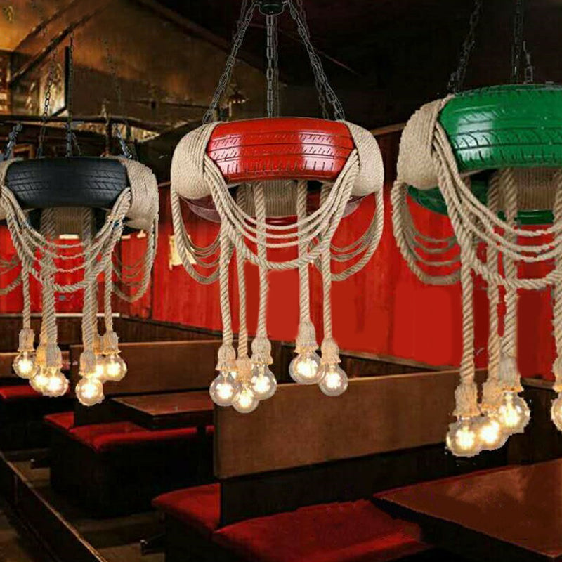 Red/Blue/Yellow Tire Hanging Lamp Kit Warehouse Rubber 6-Head Dining Room Chandelier Pendant with Dangling Hemp Rope Red Clearhalo 'Ceiling Lights' 'Chandeliers' 'Industrial Chandeliers' 'Industrial' 'Middle Century Chandeliers' 'Tiffany' Lighting' 1911678