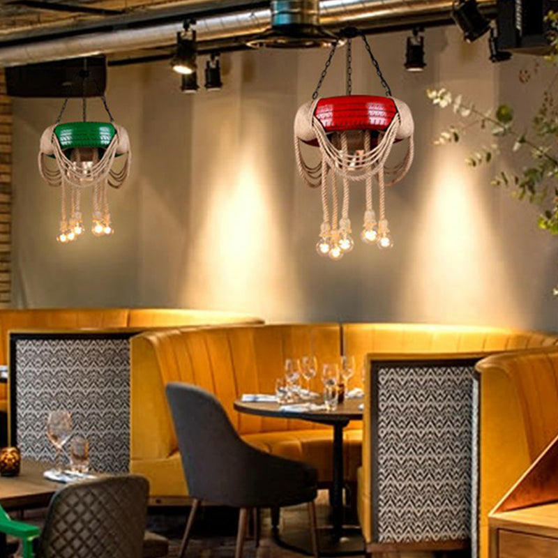 Red/Blue/Yellow Tire Hanging Lamp Kit Warehouse Rubber 6-Head Dining Room Chandelier Pendant with Dangling Hemp Rope Clearhalo 'Ceiling Lights' 'Chandeliers' 'Industrial Chandeliers' 'Industrial' 'Middle Century Chandeliers' 'Tiffany' Lighting' 1911679