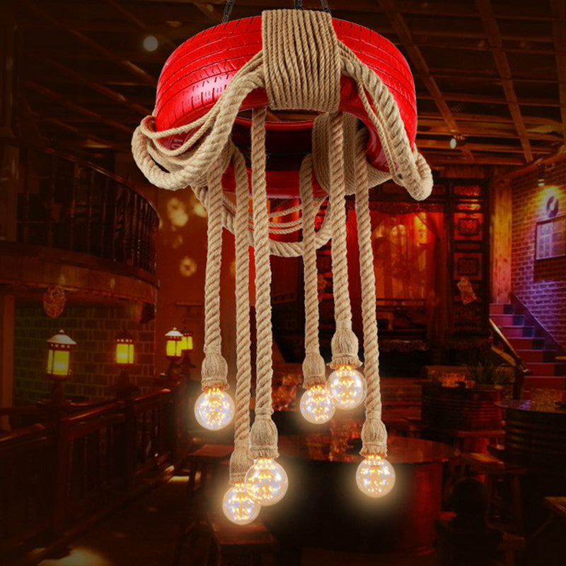 Red/Blue/Yellow Tire Hanging Lamp Kit Warehouse Rubber 6-Head Dining Room Chandelier Pendant with Dangling Hemp Rope Clearhalo 'Ceiling Lights' 'Chandeliers' 'Industrial Chandeliers' 'Industrial' 'Middle Century Chandeliers' 'Tiffany' Lighting' 1911680