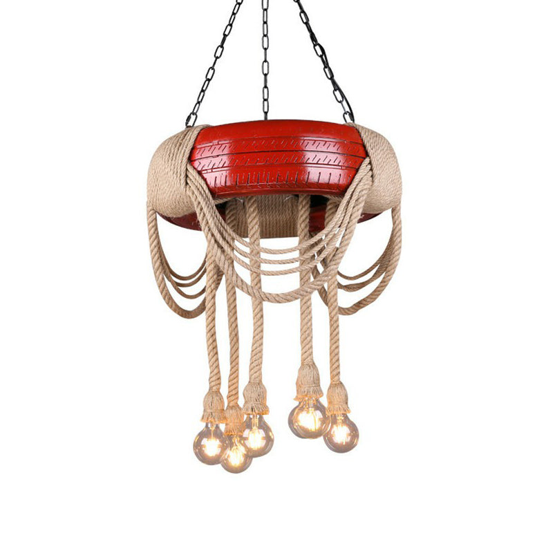Red/Blue/Yellow Tire Hanging Lamp Kit Warehouse Rubber 6-Head Dining Room Chandelier Pendant with Dangling Hemp Rope Clearhalo 'Ceiling Lights' 'Chandeliers' 'Industrial Chandeliers' 'Industrial' 'Middle Century Chandeliers' 'Tiffany' Lighting' 1911681